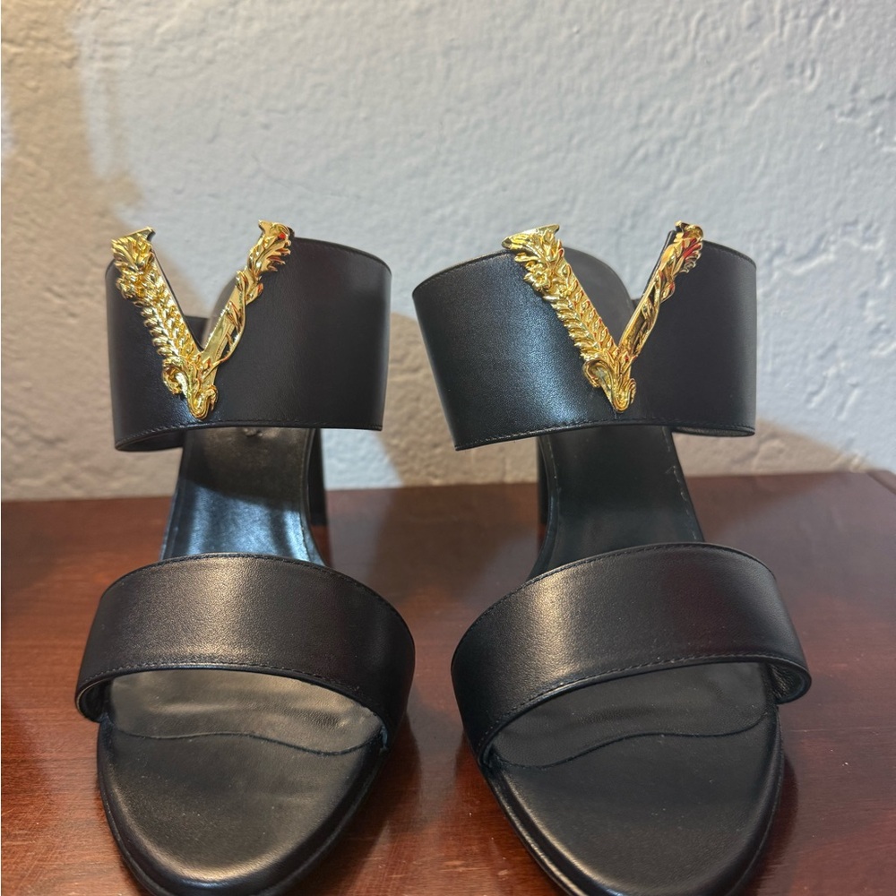 Versace Black Heels with Gold Detailing